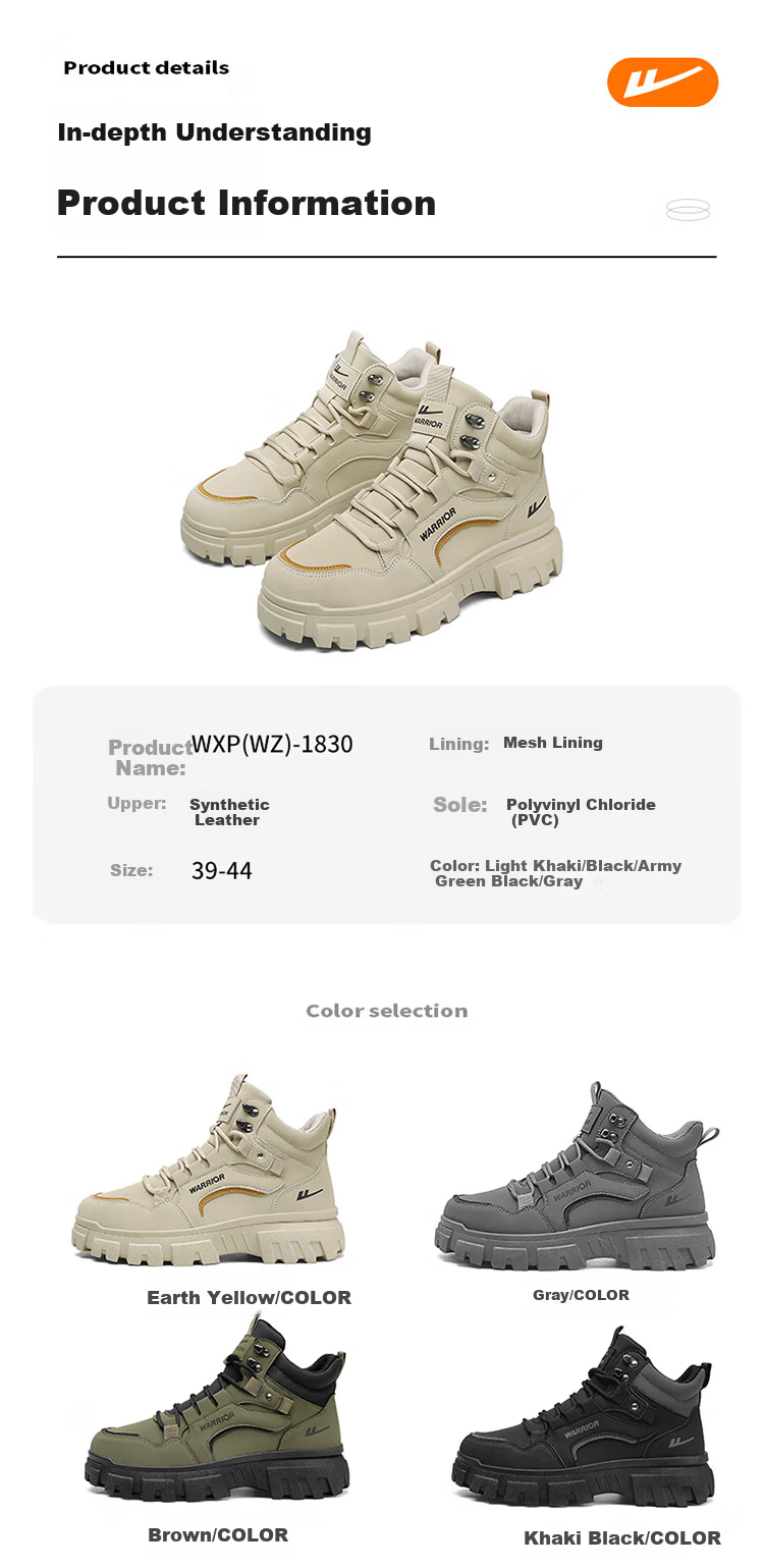 Warrior Martin Boots Men's Autumn Winter New Casual Thick Sole High Top Work Shoes Black Gray 41 3