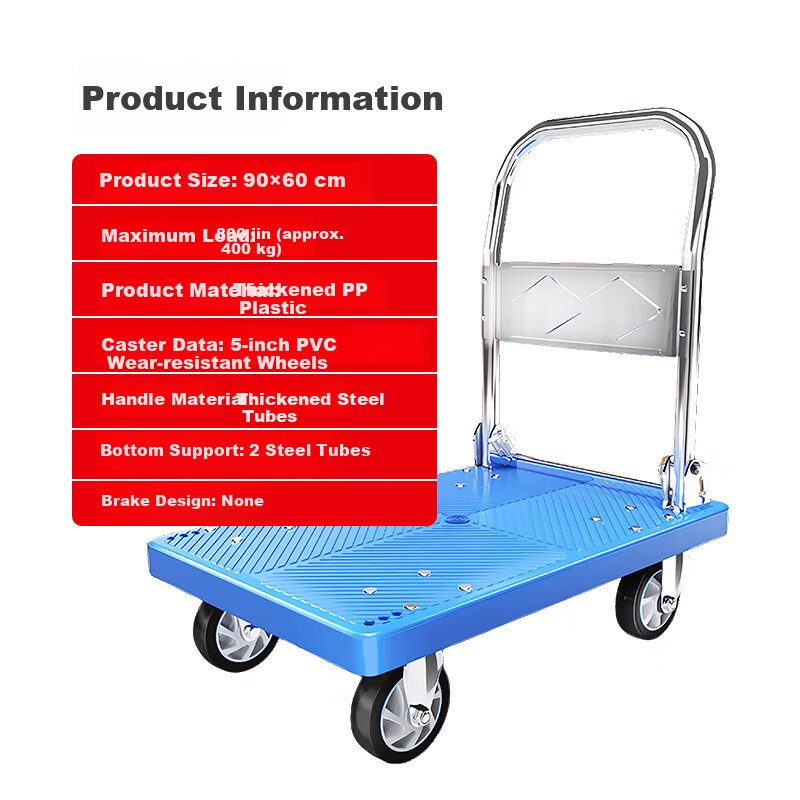 Artiya Flat Cart Trolley 90x60cm Double Steel Tube 800kg Hand Push Foldable Cargo Cart Blue