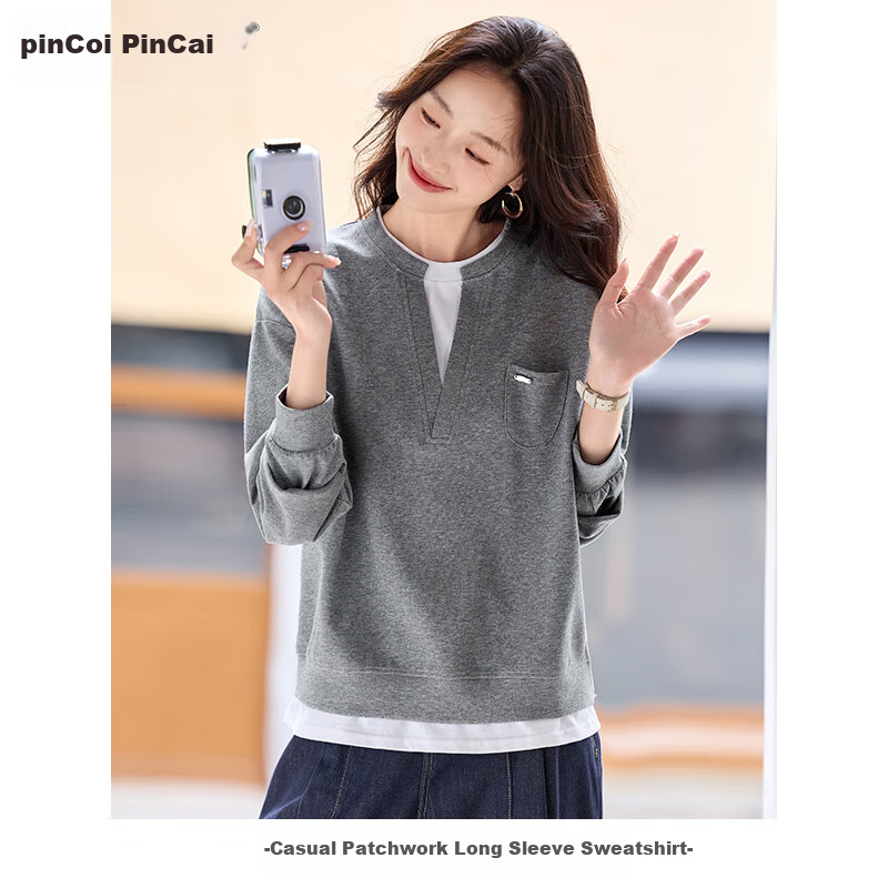 PinCai Women's Casual V-Neck Fake Two-Piece Loose Slim Layered Sweatshirt P53W050