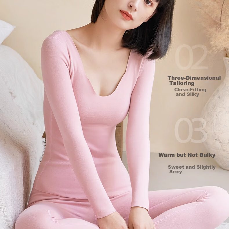 Urban Beauty Women's Thermal Underwear Set Autumn Top and Bottom Winter Cashmere Silk Seagull Collar Fleece Thickened Derong Heating Set 11