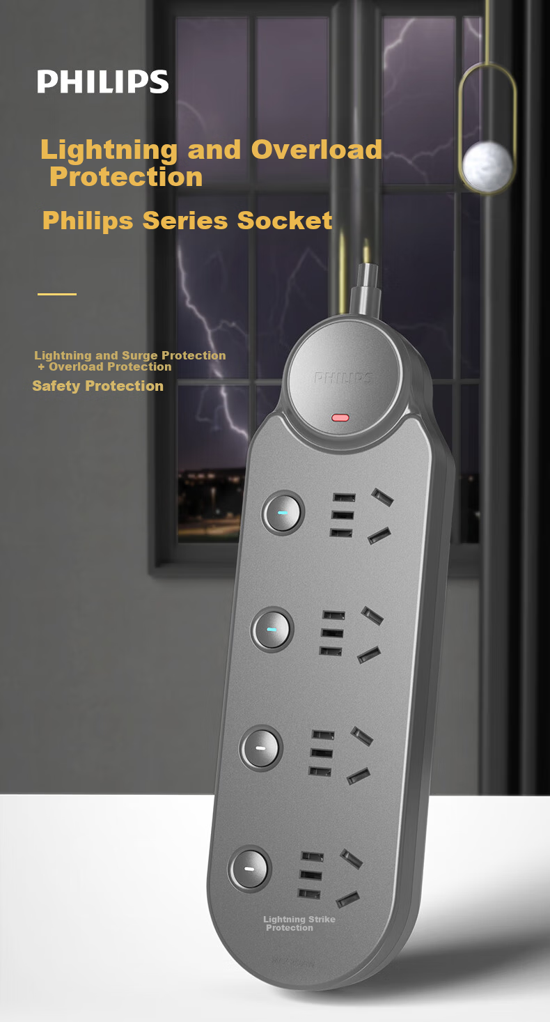 PHILIPS Surge Protector Power Strip 4 Outlets with Individual Switches 3m Cable Overload Protection Extension Cord Socket 1