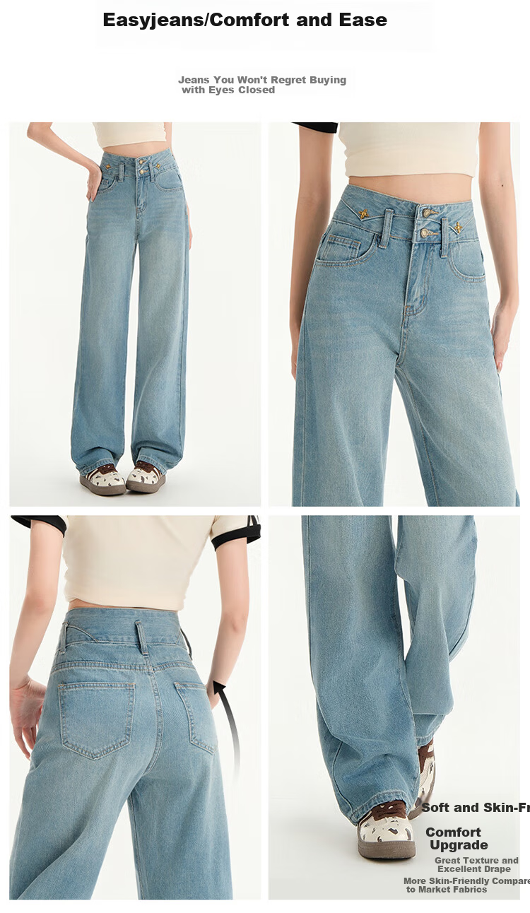 Langsha Women's Jeans Spring Autumn High Waist Slim Wide Leg Draped Loose Straight Floor-Length Pants 5
