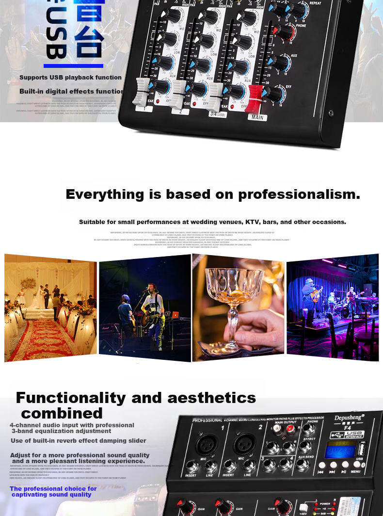 Depusheng Professional 4-Channel Mixer USB Sound Card Bluetooth U Disk Equalizer Reverb Portable F4 for Computer Recording Home KTV Singing Online Video Conference Live Streaming 2