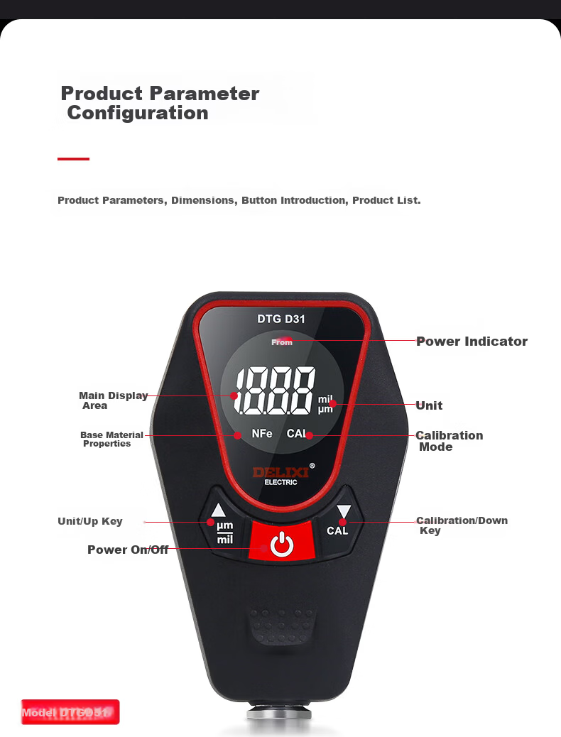 DELIXI ELECTRIC Digital Coating Thickness Gauge Automotive Paint Film Thickness Tester DTG D33 15