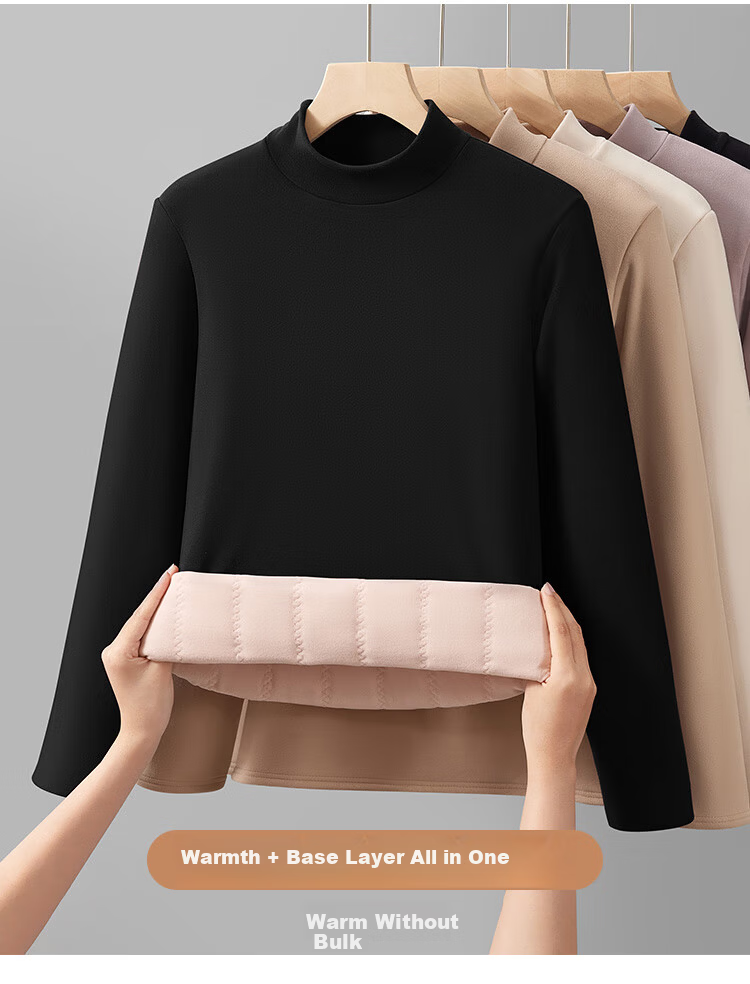 Tingmei [Triple Silk] Fleece-Lined Thickened Half Turtleneck Base Layer Top Women's Autumn Winter Thermal Underwear Shirt 5