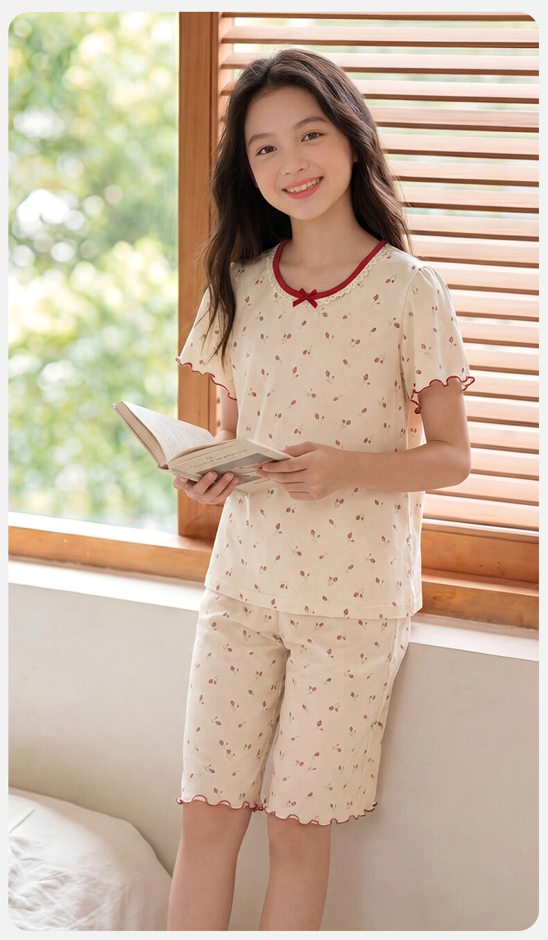 Dingguagua Girls' Short Sleeve Summer Pajama Set, Lightweight A-Class Pure Cotton Breathable Sleepwear for Ages 6-12, Junior High School Student Size 170 8