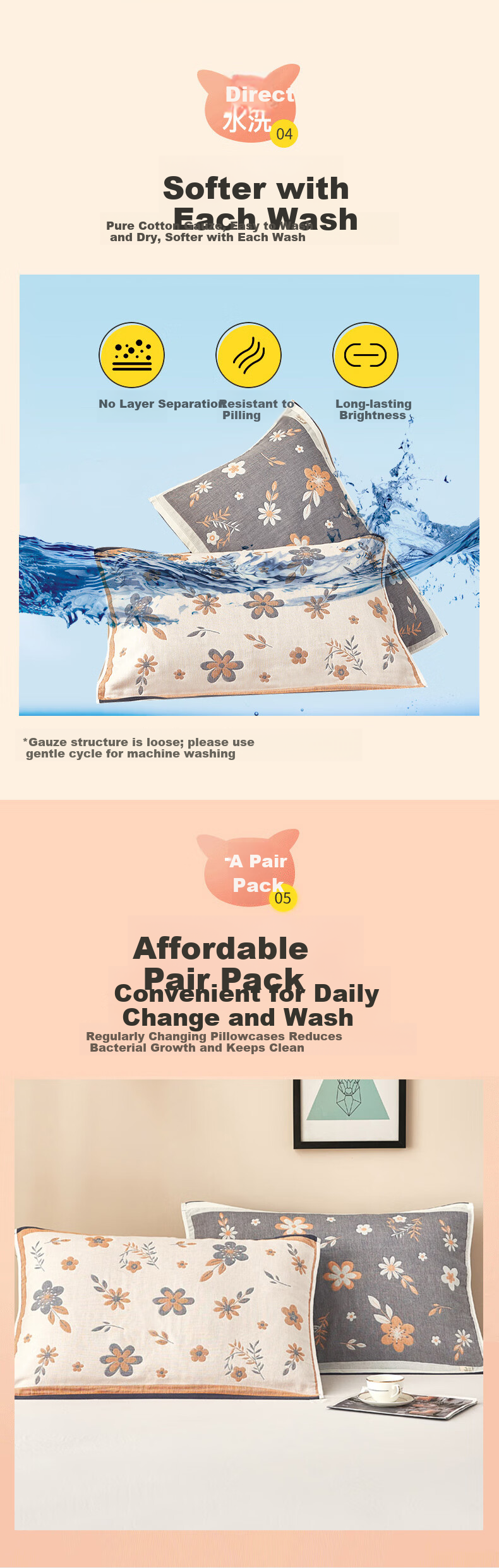 Hongdou Class A Pillow Towel 100% Cotton Sweat-Absorbent Four-Layer Gauze Pillowcase 53*78cm Fenhua Rain - Camel 4
