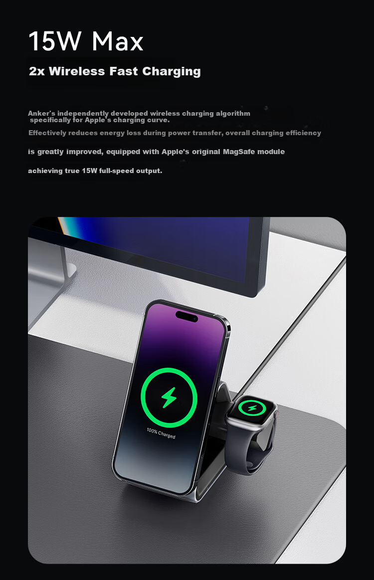 ANKER Wireless Charger 25W 3-in-1 Apple MagSafe Watch Magnetic Fast Charging Stand Base Compatible with Apple iPhone 17 iPhone 16 Pro Max iWatch 4