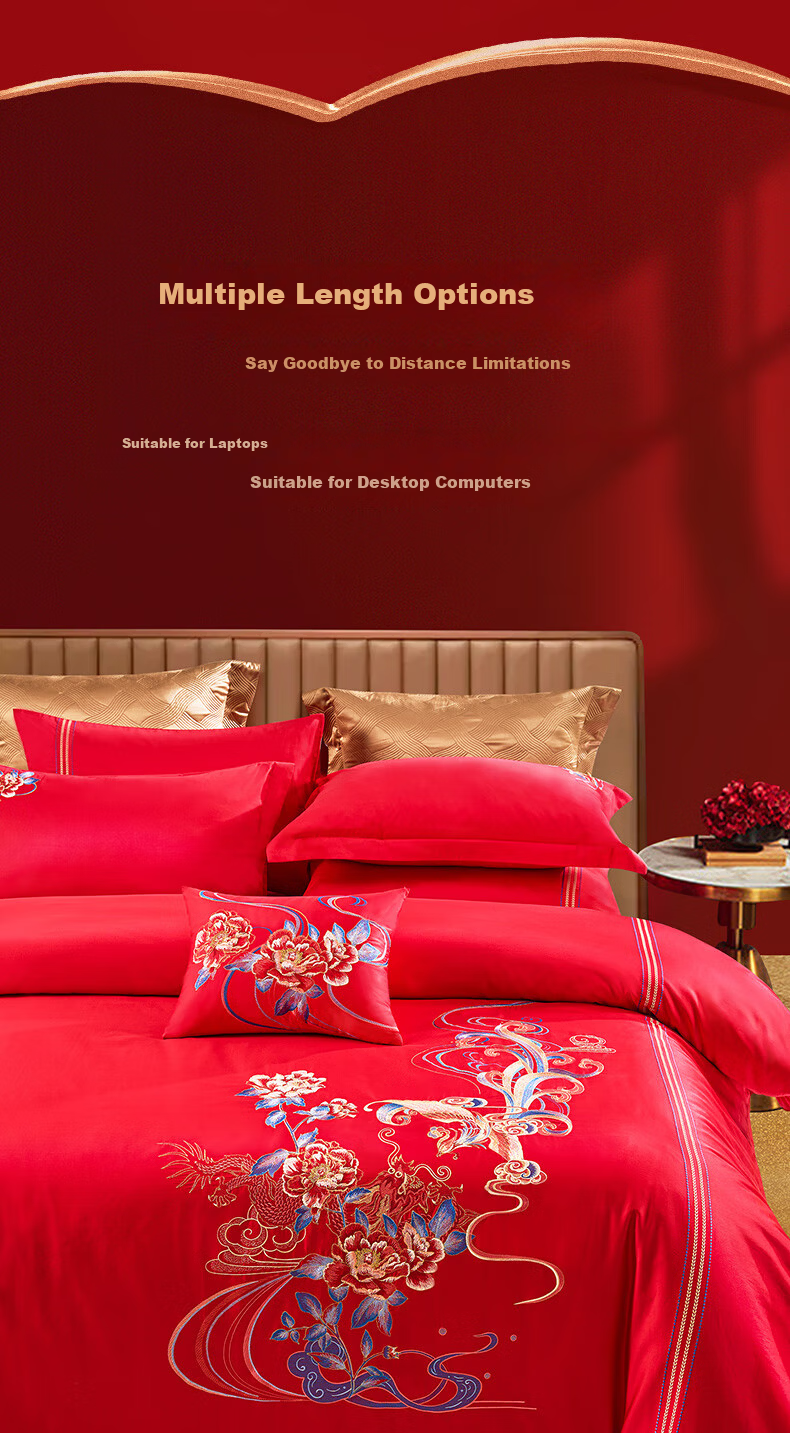Fuanna High-End Wedding Four-Piece Set Phoenix Crown Embroidery 60-Count Long-Staple Cotton Red Bridal Bedding Gift Set for 1.8m Bed 2