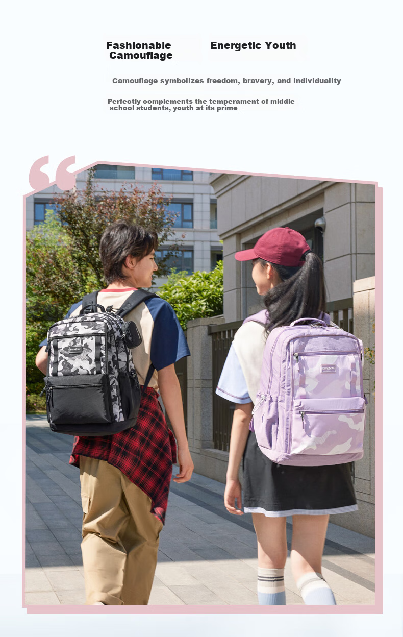 Samsonite Student Backpack 2026 New Arrival High School and Middle School Double Shoulder Bag High-Value Camouflage Large Capacity Laptop Bag NW4 3