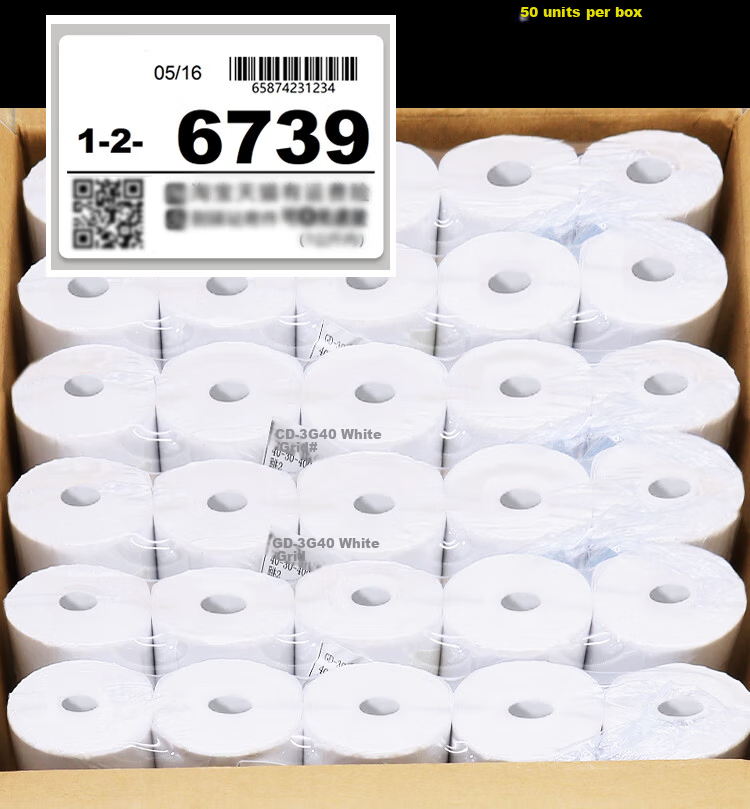 Jaylen 60x40mm 300 Sheets/Roll 50 Rolls Waterproof Thermal Label Stickers for Express Delivery, Takeout, Milk Tea, Clothing, Supermarket, Electronic Scale Barcode Adhesive Thermal Printing Paper 10