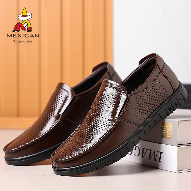 MEXICAN Business Casual First Layer Cowhide Men's Dress Shoes Hollow Breathable Slip-On Large Size Brown 39