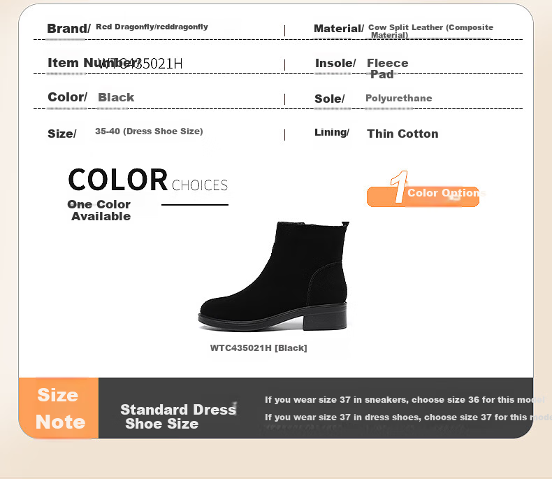 Red Dragonfly Women's Short Boots Fleece Lined Warm Slim French Style Suede Boots WTC435021H 5