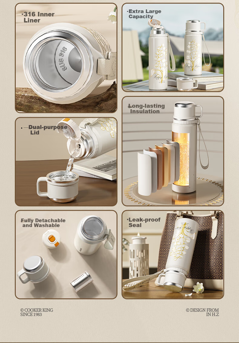 Chuida Huang Insulated Bottle 316 Stainless Steel with Tea Infuser Women's Children's Gift Large Capacity Water Bottle 600ml (Bellflower Design) 4