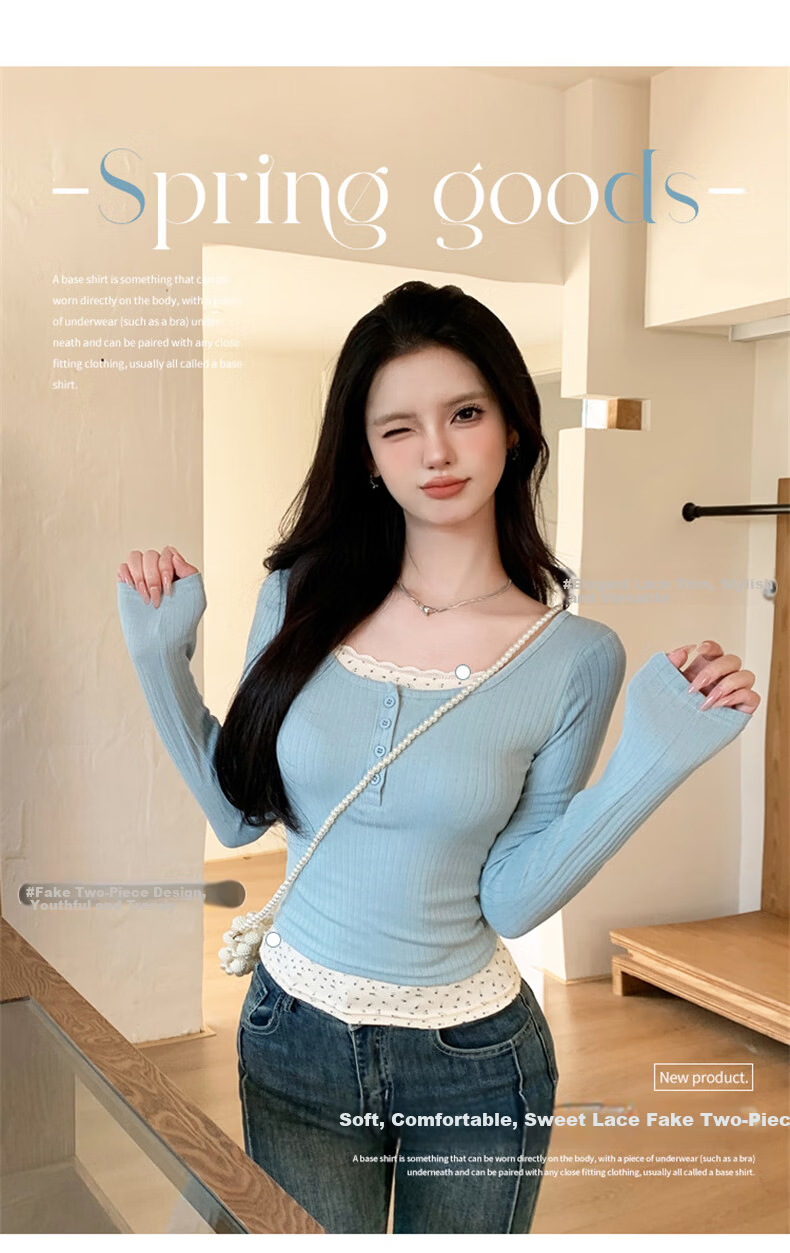 LangSha Floral Print Faux Two-Piece Long Sleeve Slim Fit Lace Top for Women 2025 Autumn New Arrival 5