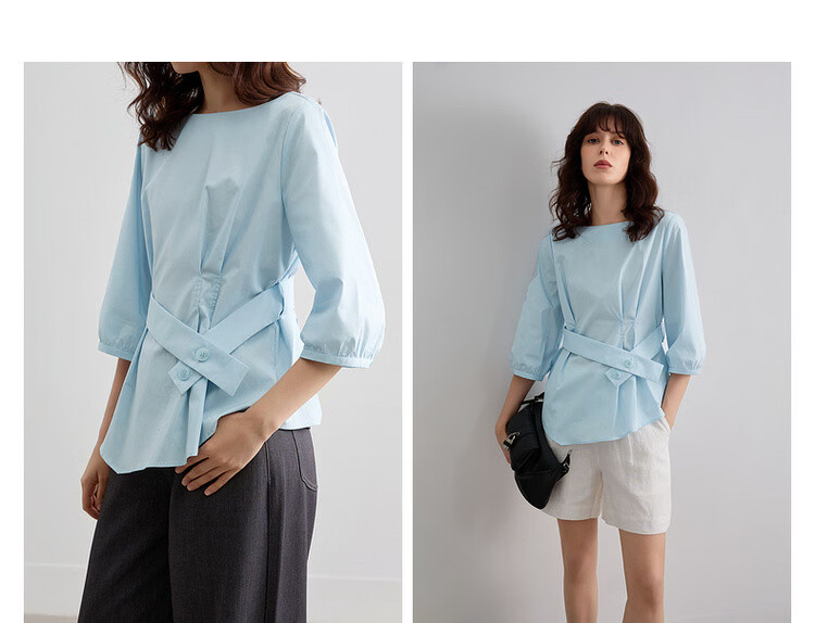 Demana Pure Cotton Breathable Summer Artistic Fresh Round Neck Slim Waist Shirt Women's Top 9