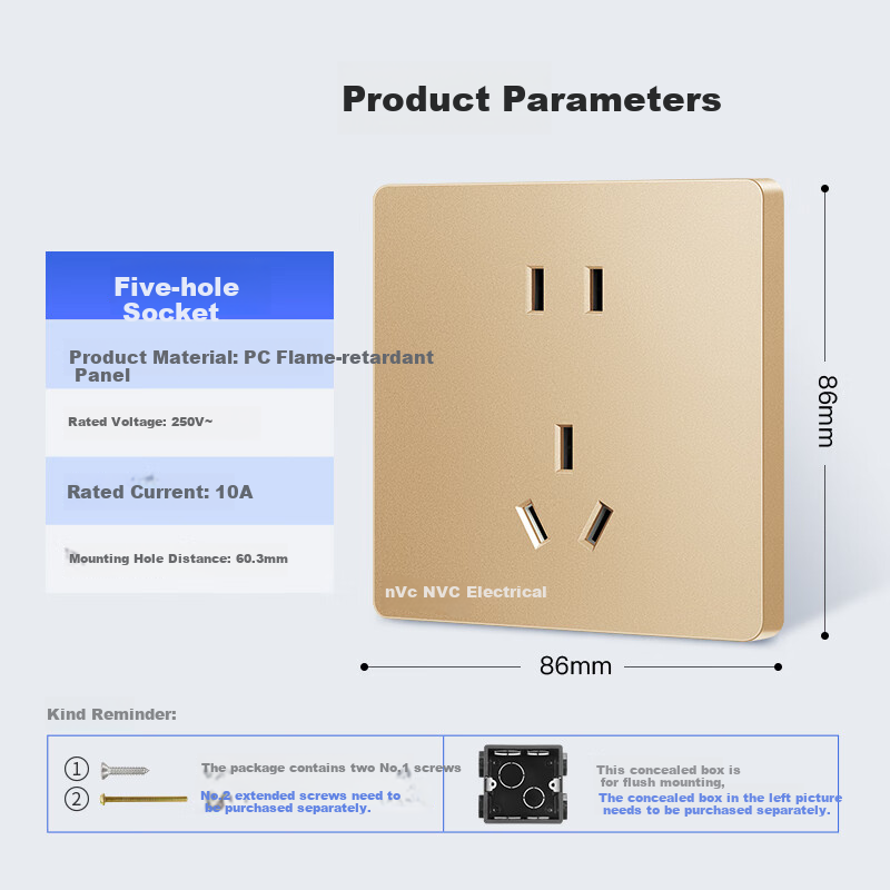 NVC Lighting Electrical Switch Socket TV Socket 86 Type Concealed Wall Socket Panel N25 Champagne Gold