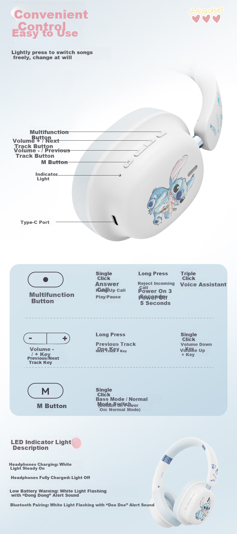 DISNEY DS-21 Stitch Over-Ear Bluetooth Wireless Noise-Cancelling Headphones Couple Edition Office Computer Music Headset Student Valentine's Day Gift Box 8