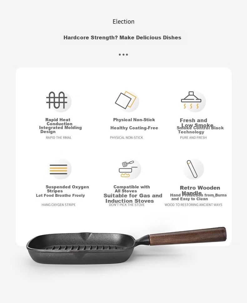 PAKCHOICE Steak Frying Pan Breakfast Cast Iron Skillet Non-Coated Flat Pan 23cm Compatible with Gas Stove and Induction Cooker 3