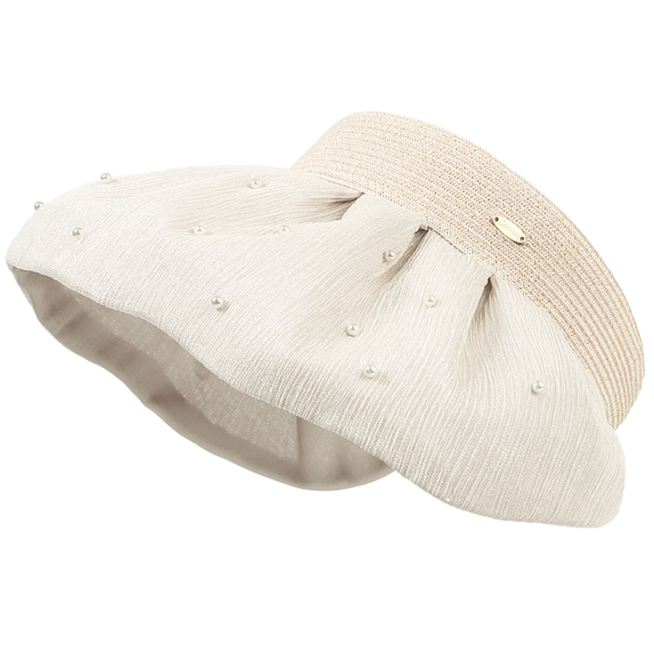 CACUSS Large Brim Shell Open-Top Hat for Women Summer Outdoor Face-Slimming Sun Hat Vacation Style Beige