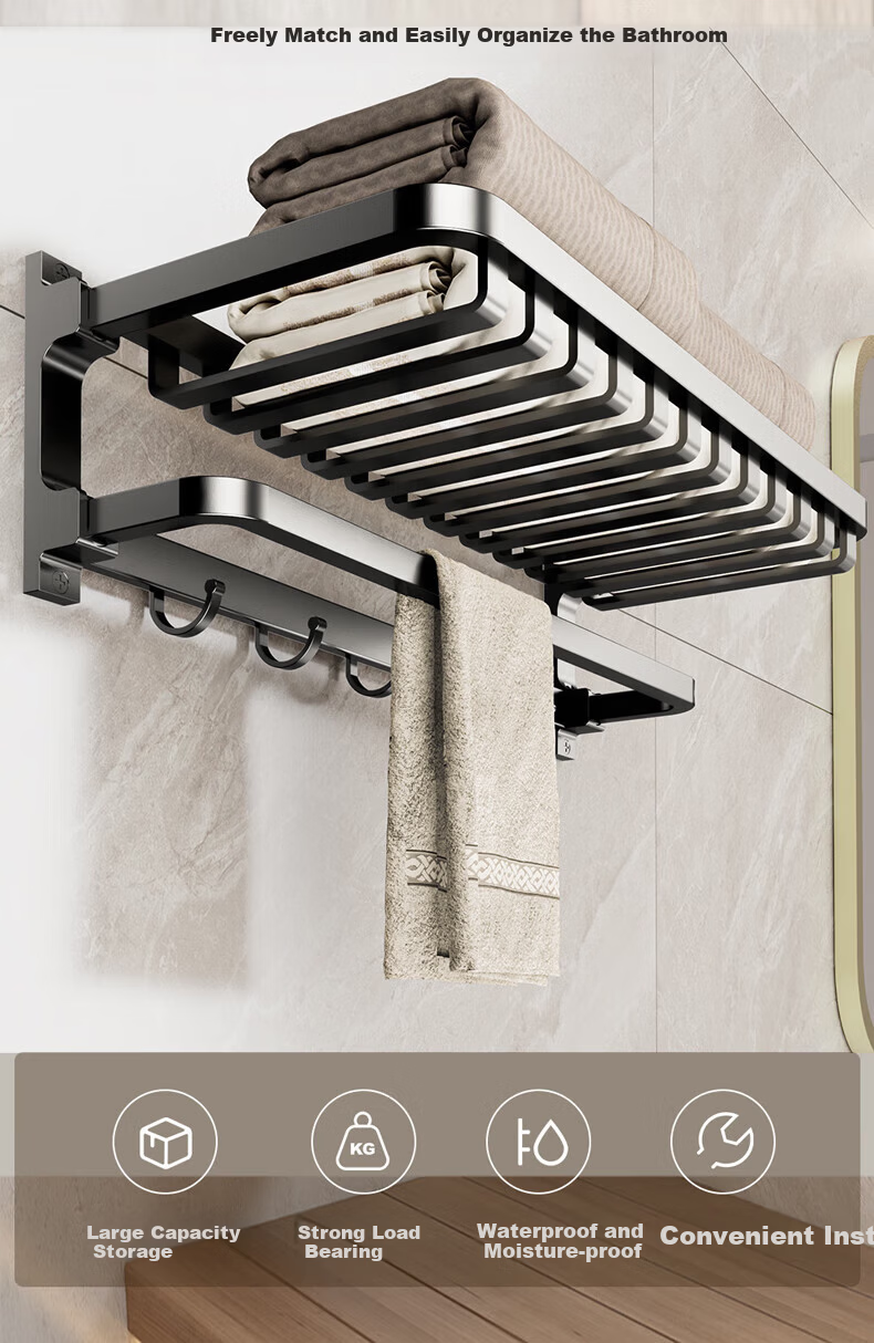 MICOE Bathroom Storage Rack Towel Rack No Drilling Required Bathroom Hanging Rack Widened Foldable Gun Gray Towel Rack with Mesh Basket 2