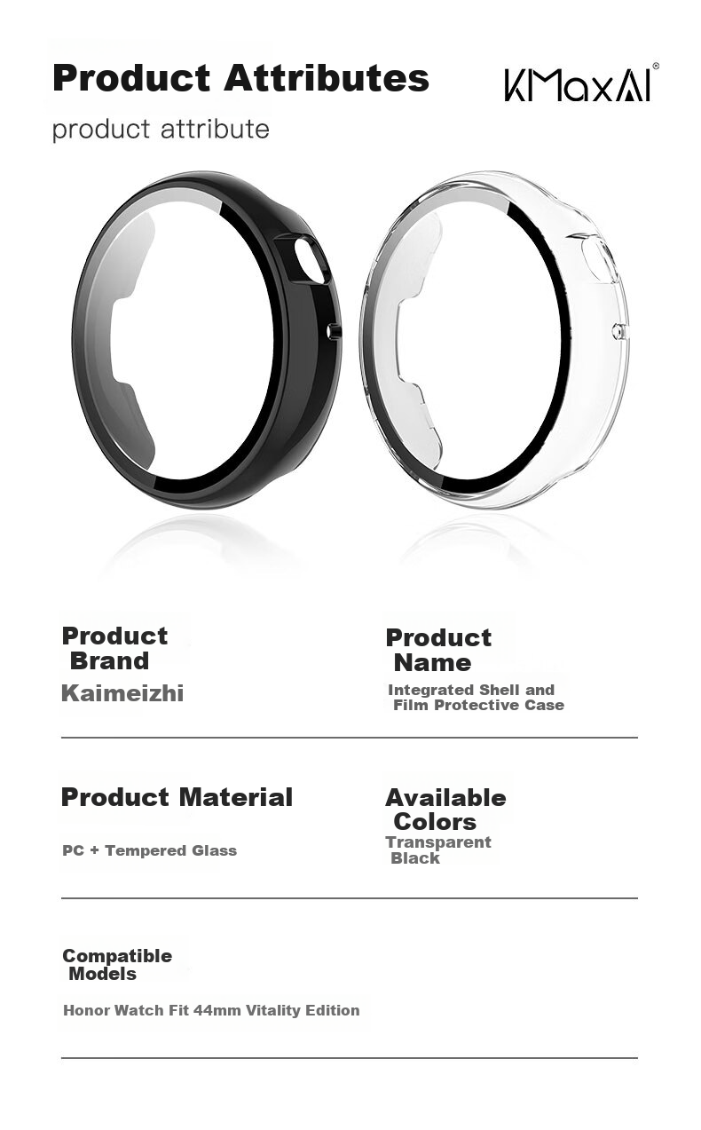 KMaxAI Tempered Glass Screen Protector + Hard Case Full Coverage Protective Case for Honor Watch Fit 44mm (Vitality Edition) Transparent 8