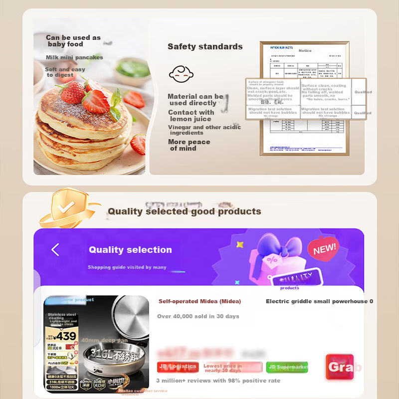 Midea Electric Griddle, Small Steel Cannon 0 Coating 316L Stainless Steel Pancake Maker, Home Use 40mm Extra Deep Double-Sided Heating, Crepe Pan, Grill Pan, Pancake Cooker, Breakfast Machine, Electric Frying Pan S1