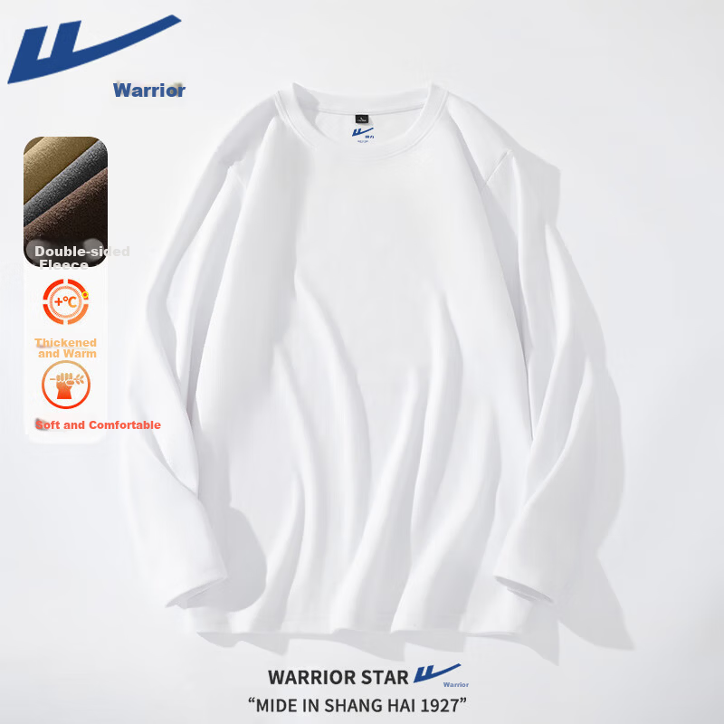 Warrior Double-Sided Fleece Long Sleeve T-Shirt Men Autumn Winter Skin-Friendly Thickened Solid Color Versatile Crew Neck Pullover 7