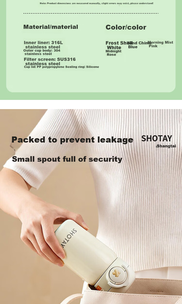 Shangtai 316L Stainless Steel Insulated Water Bottle 280ml Compact Pocket Outdoor Flip Lid Thermos 8185 White 5