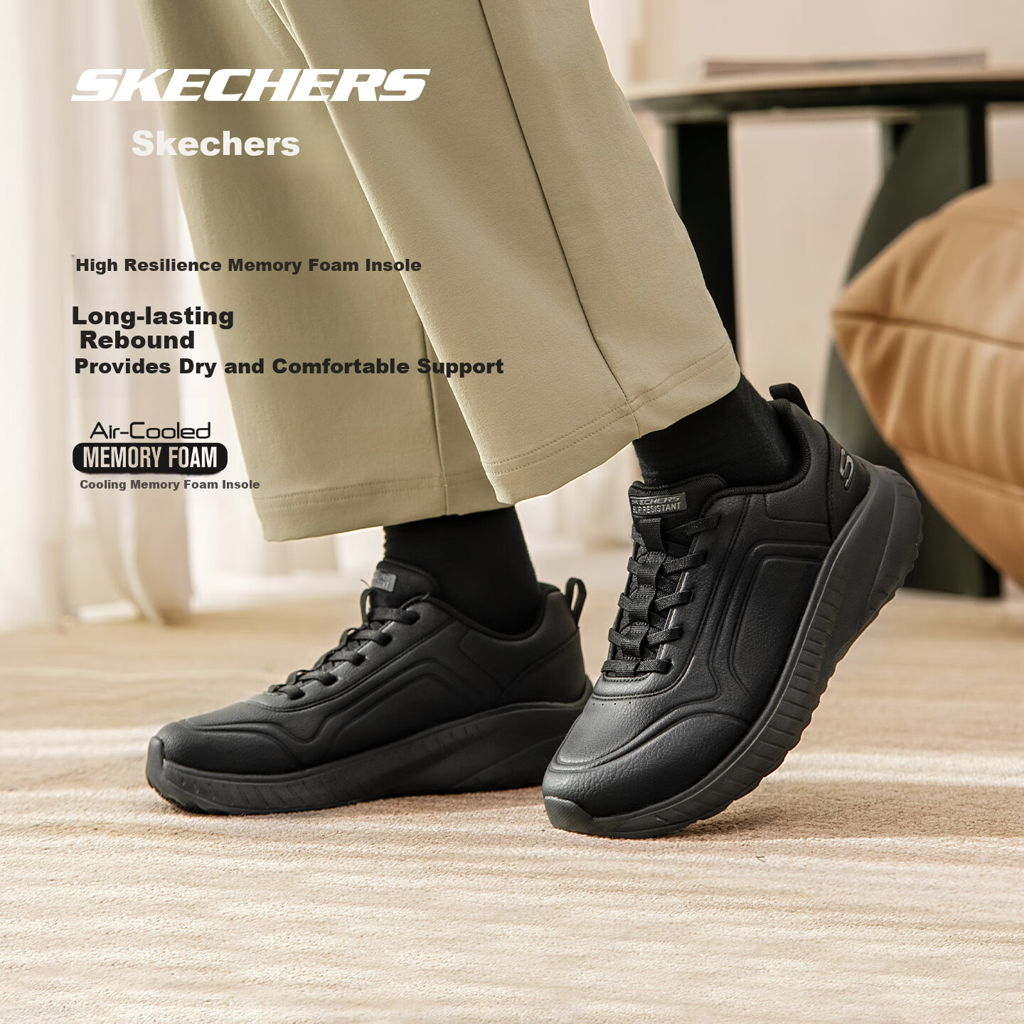 Skechers Men's Spring and Autumn New Thick-Soled Work Leather Shoes Black Dirt-Resistant Shock-Absorbing Casual Sports Shoes Men's Versatile Commuter Shoes