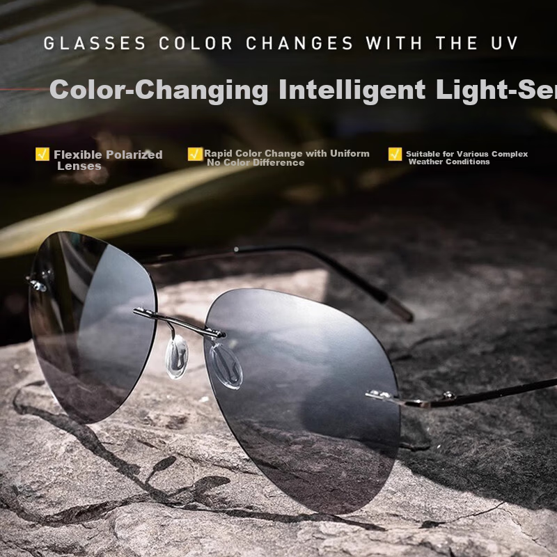 GOGOSOON Frameless Polarized Men's Driving Aviator Frog Sunglasses Ultra-Light Photochromic Sunglasses for Driving