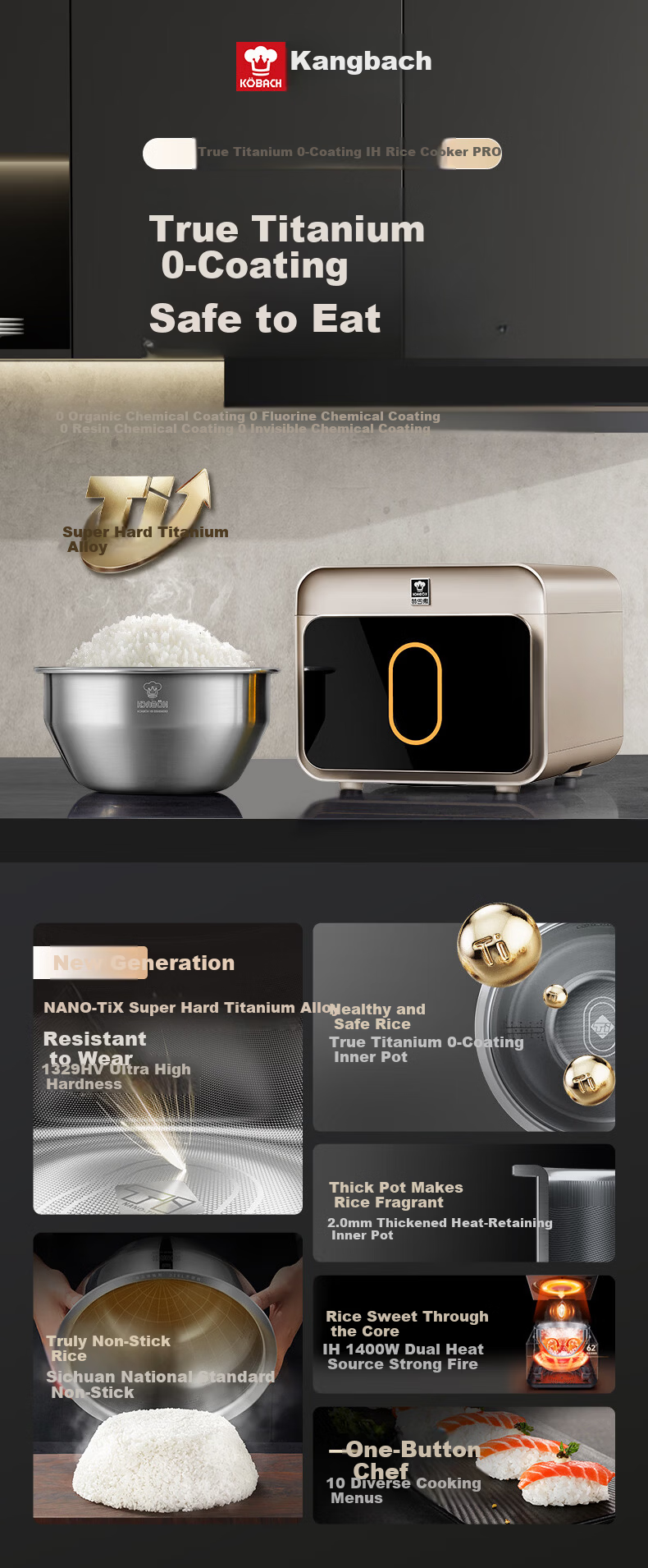 Kambach Rice Cooker 0 Coating Pure Titanium Inner Pot IH Induction Heating Smart Rice Cooker Baby Grade Multifunctional Household 2-8 People Non-Stick High Power Pro Star Gold 3L 1