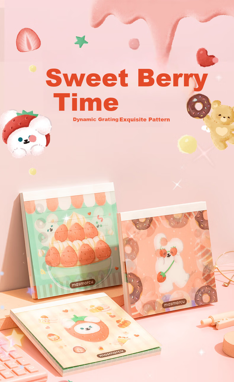 M&G Creative Sweet Berry Time Square Sticky Note Pad, Cartoon High-Quality Student Planner Notebook, Portable Mini Journal, 1 Book with Random 60 Sheets BQ0112 1