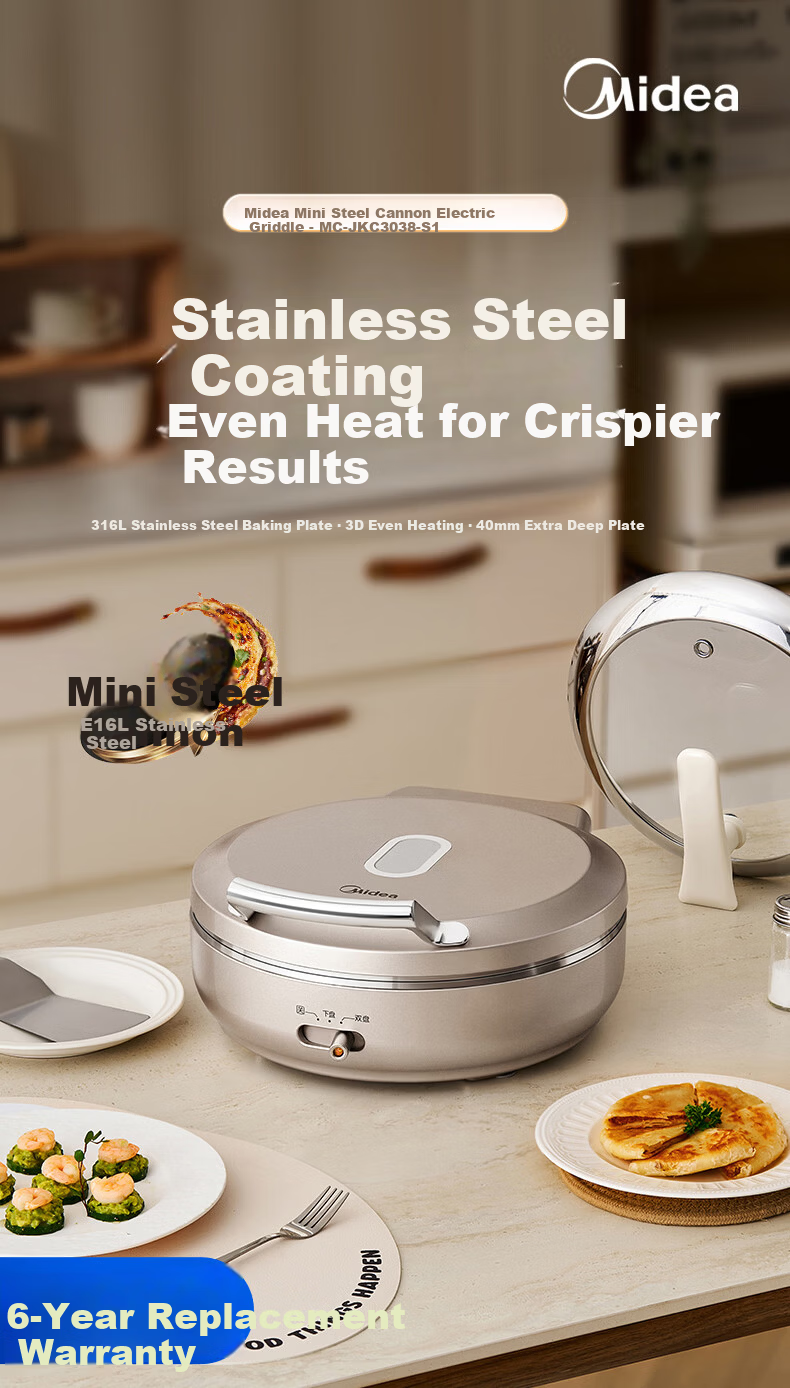Midea Electric Griddle, Small Steel Cannon 0 Coating 316L Stainless Steel Pancake Maker, Home Use 40mm Extra Deep Double-Sided Heating, Crepe Pan, Grill Pan, Pancake Cooker, Breakfast Machine, Electric Frying Pan S1 5