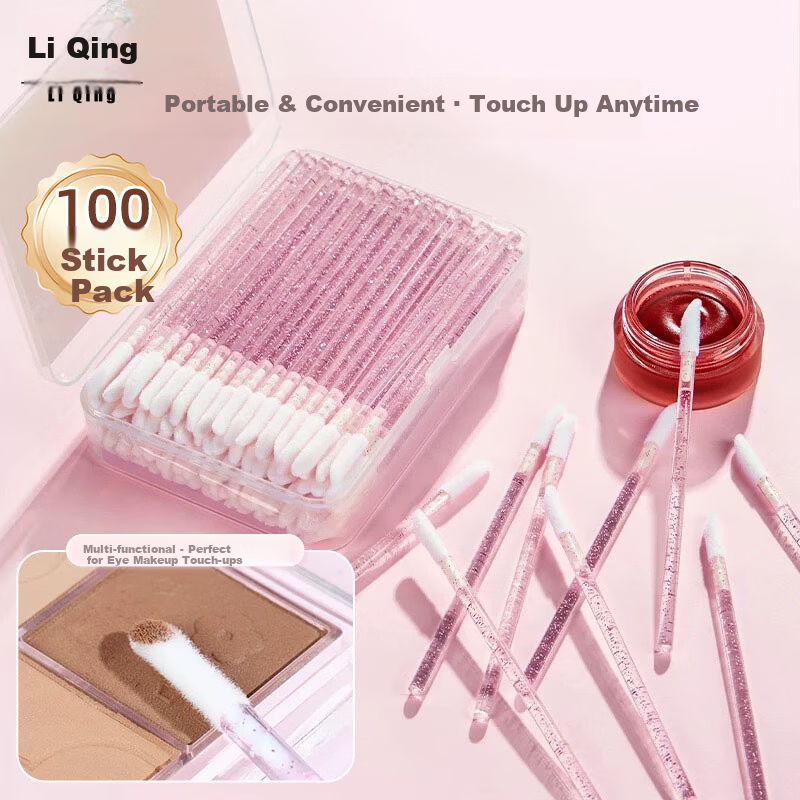 LiQing Disposable Lip Brush Sticks [100 pcs Box] Portable Pink Lipstick Brush for Lip Gloss Concealer Eyeshadow