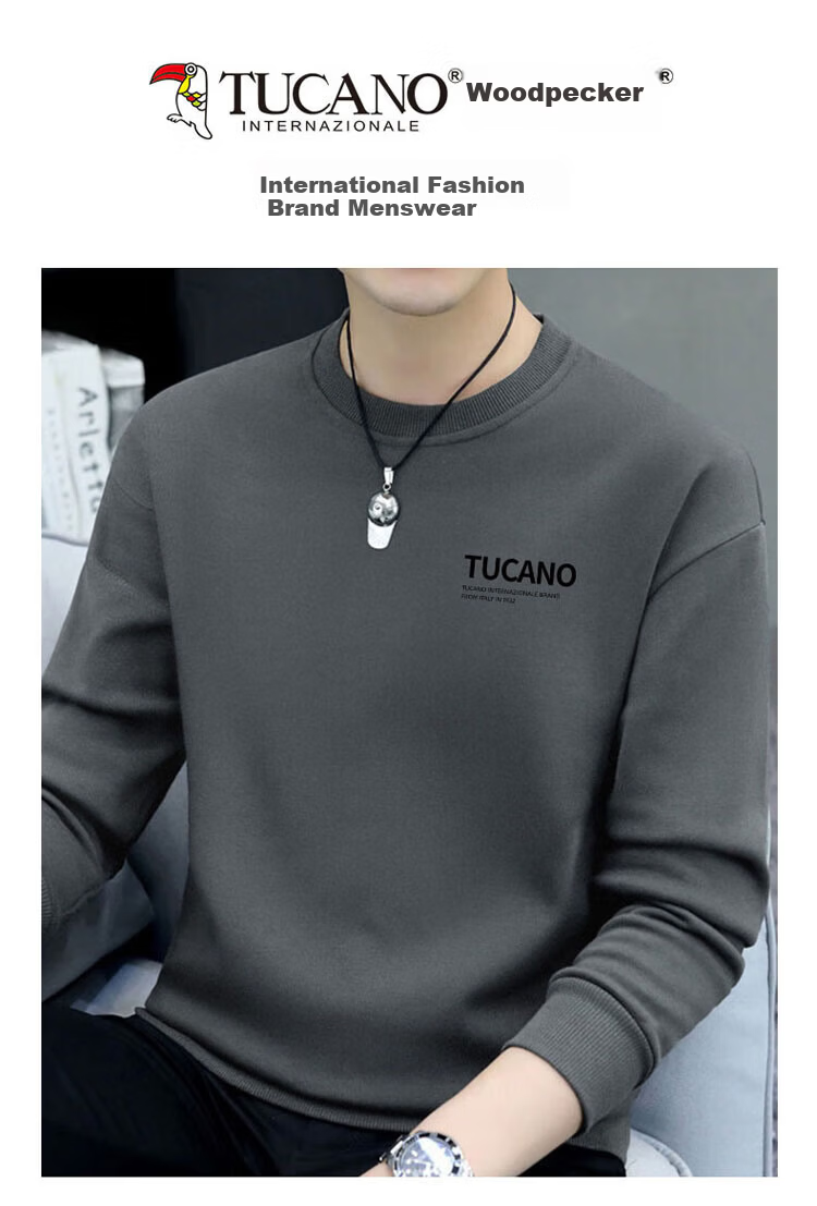 TUCANO Sweatshirt for Men, Spring And Autumn Round Neck Long Sleeve T-Shirt, Base Layer, Loose Casual Clothing, Jacket for Men's Wear, Black, 2XL 1