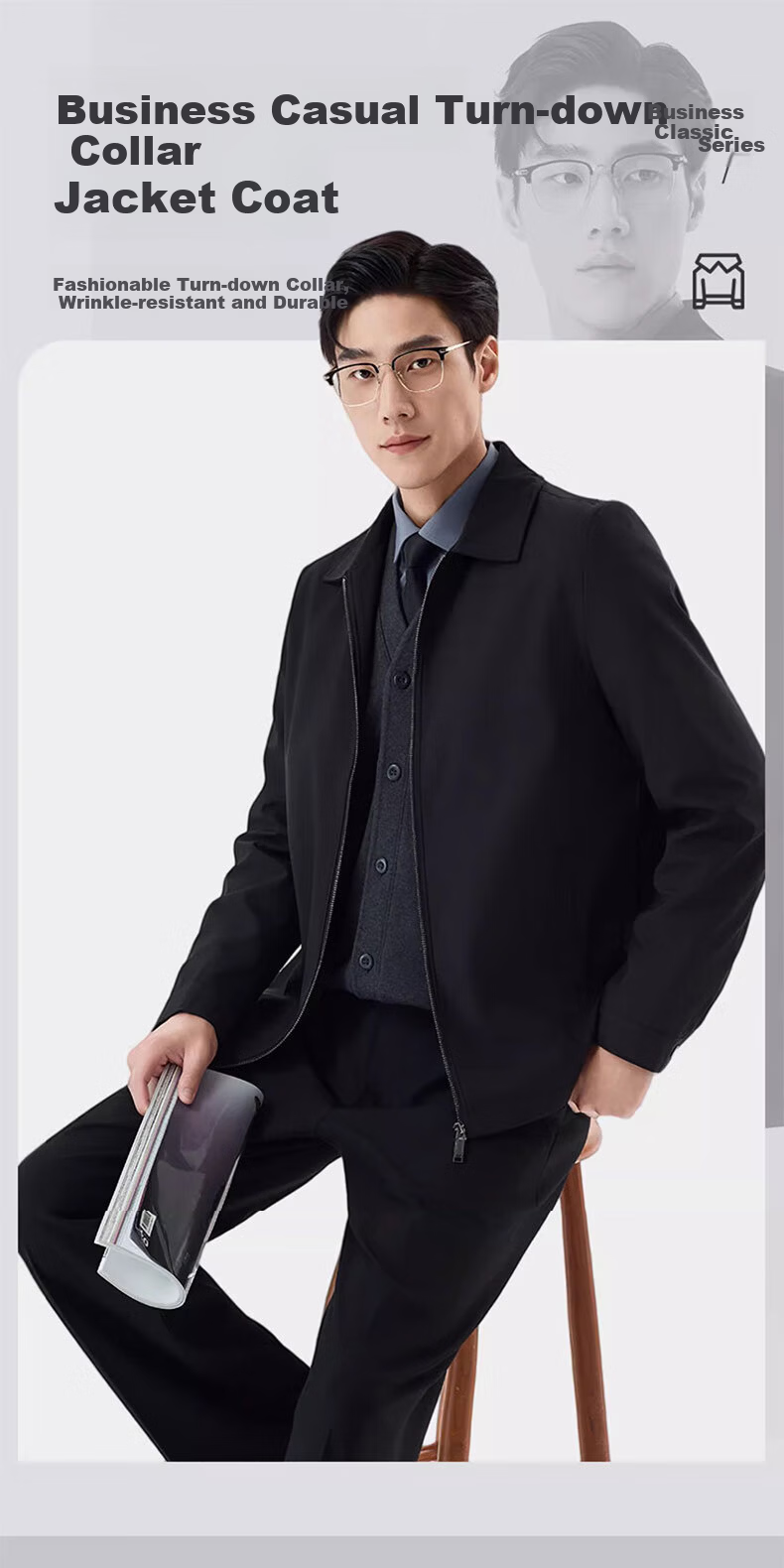 Woodpecker [Wear-Resistant and Water-Repellent] Men's Summer Jacket, Middle-Aged Dad Style, Casual Lapel Jacket, Black XL 2