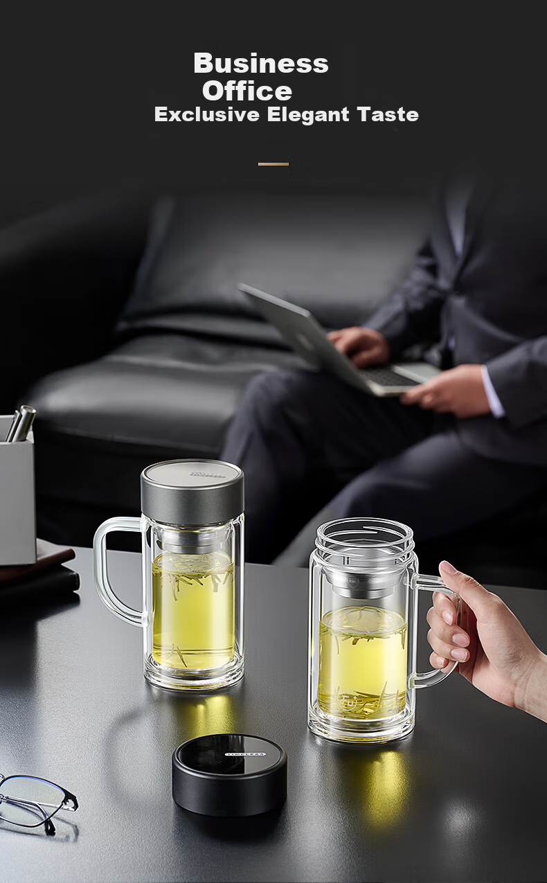 Fuguang Jiashuang Double-Layer Glass Cup Home Business Office Water Cup with Handle Tea Infuser Separation Desktop Office Cup 3