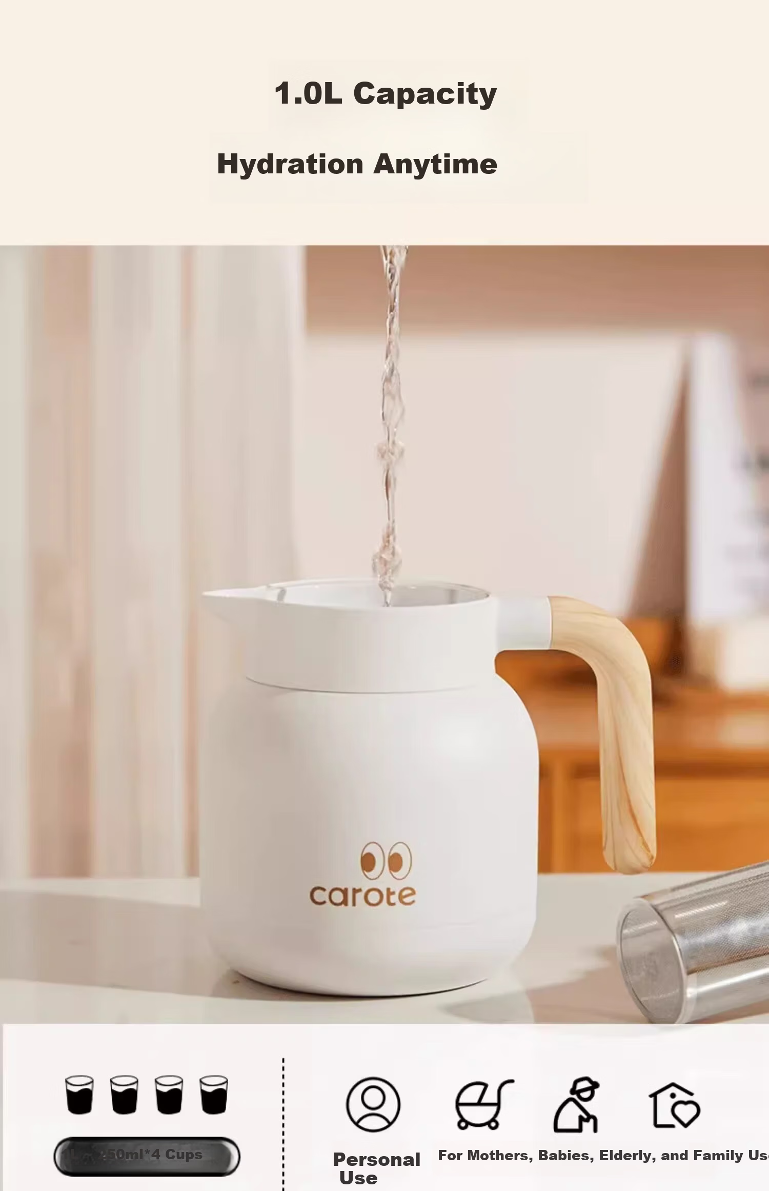 Carrot Stainless Steel Insulated Thermos Flask 1L Large Capacity Home Office Tea Steeping Pot with Tea Compartment 7