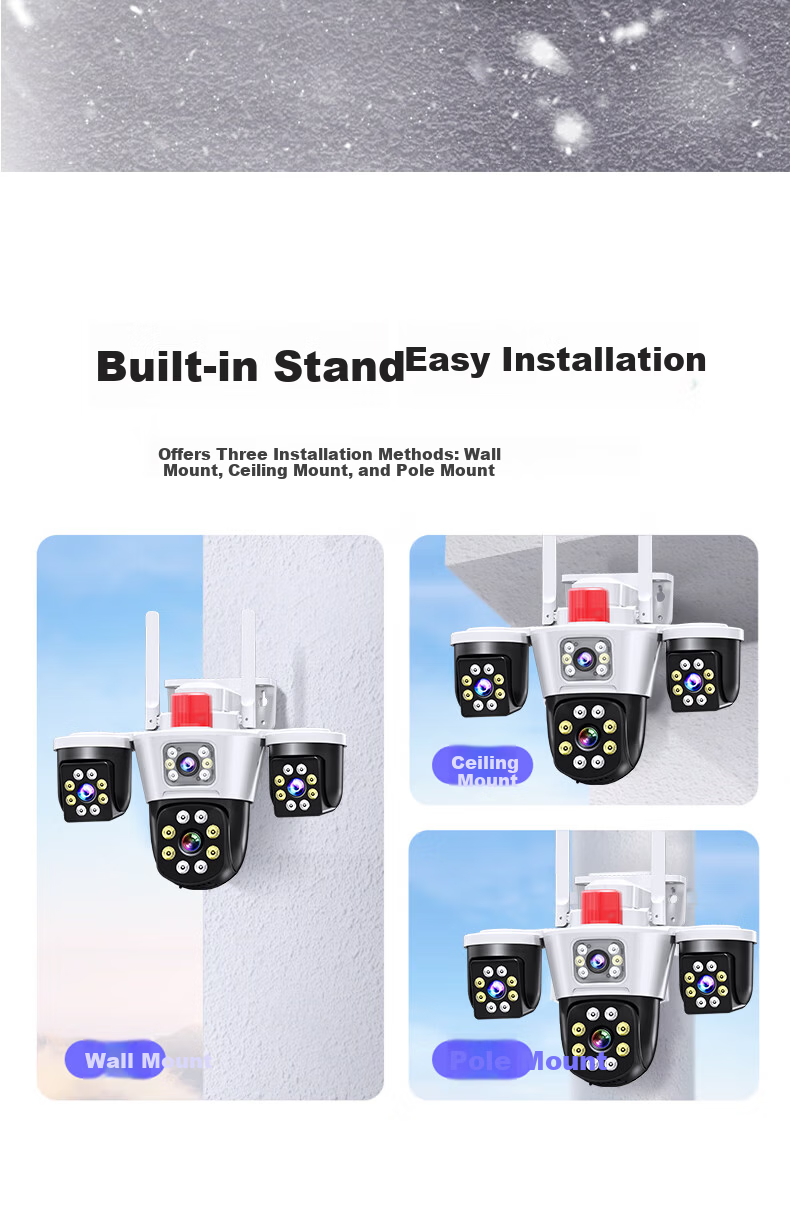 Network Eye Triple Lens Home Security Camera Outdoor No WiFi Required Lifetime Data-Free Mobile Remote Monitoring 360-Degree No Blind Spot Night Vision Rural Use 18