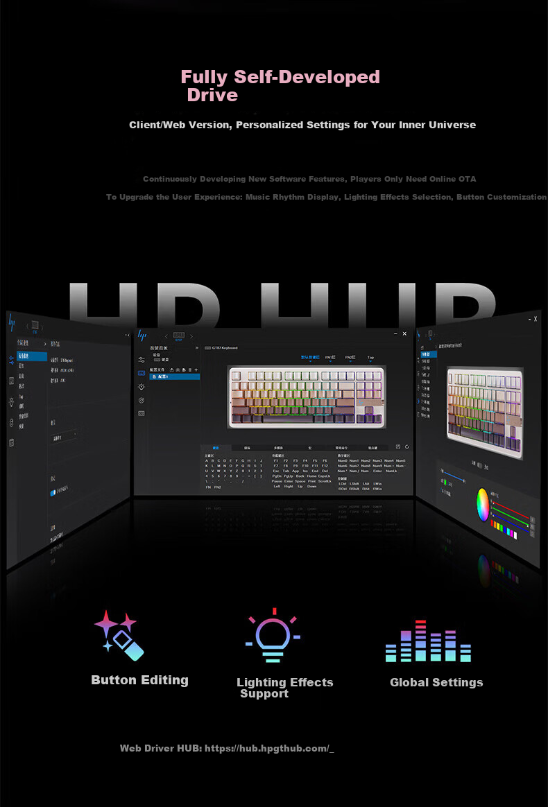 HP GT87 Custom Wireless Tri-Mode Bluetooth Gaming And E-Sports Dedicated Computer Keyboard with White Equal Height Lines And Glass Switches 4