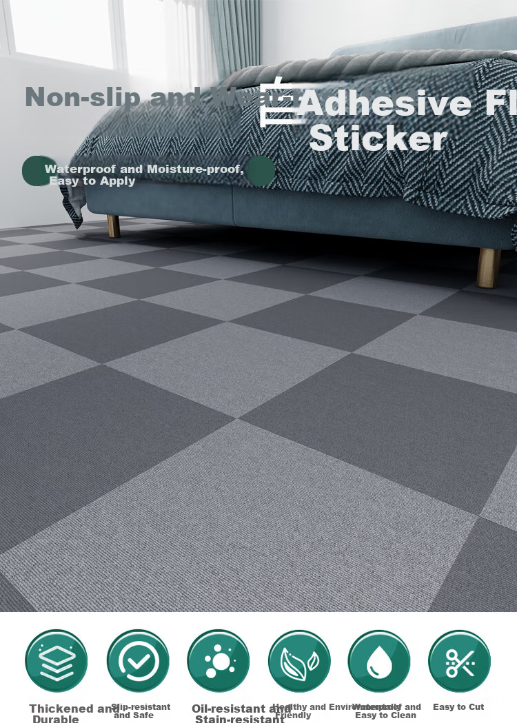 Qinghua Self-Adhesive Crystal Coated Waterproof Floor Sticker, Light Gray Checkered Pattern, 60*500cm, Bathroom Kitchen Floor Leather 1