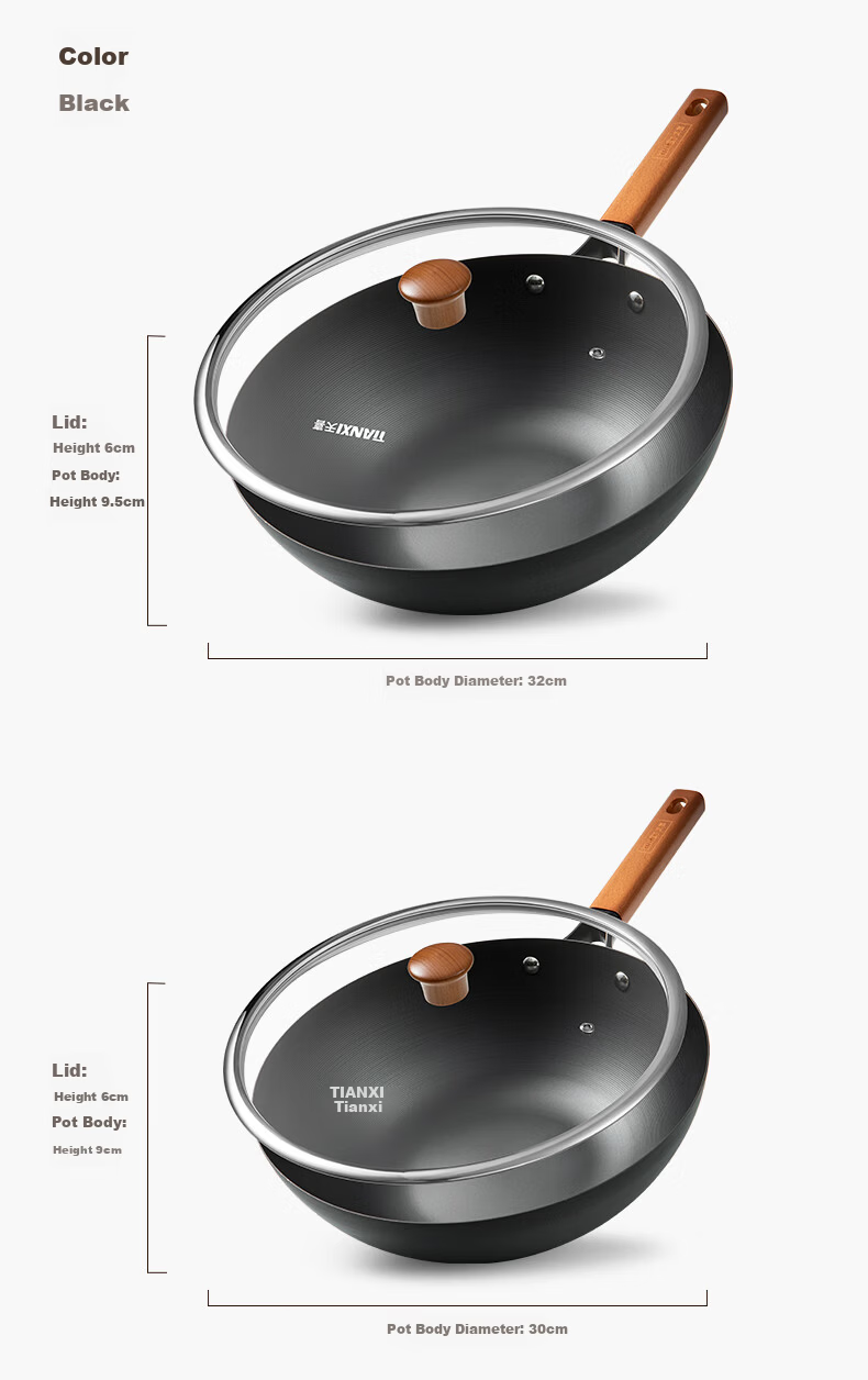 Tianxi 30cm Healthy Uncoated Ribbed Iron Wok Flat Bottom Non-Stick Stir Fry Pan Compatible with Open Flame Gas and Induction Cookers 19