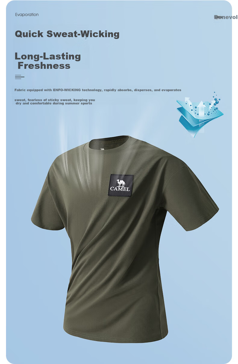 CAMEL Outdoor Quick-Dry T-Shirt for Men And Women, Spring And Summer Fast-Drying Elastic Round Neck Loose Mountain-Style Camping A13BAVV058C 8