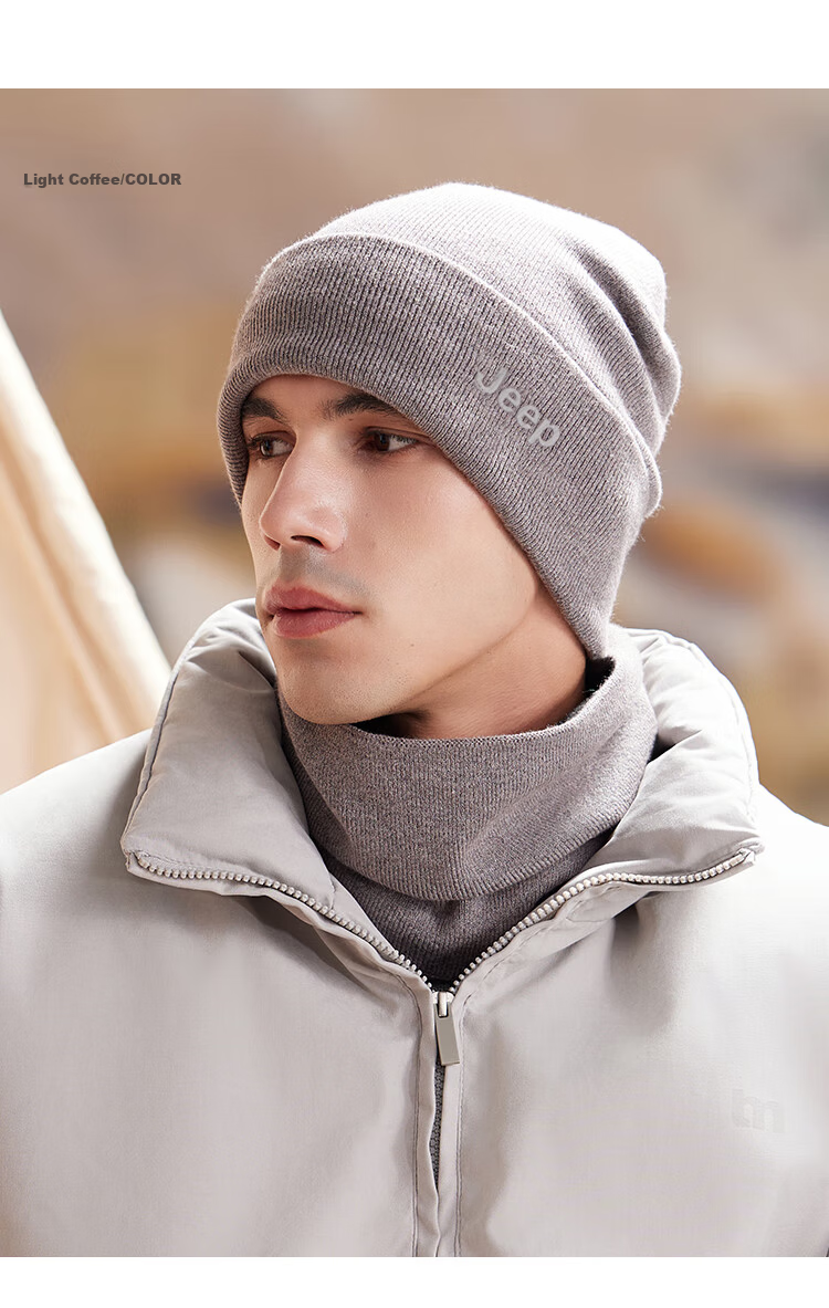 JEEP Men's Autumn Winter Knitted Hat Fleece Lined Warm Neck Warmer Thickened Woolen Beanie Ear Protection Cold Resistant Hat Black 11