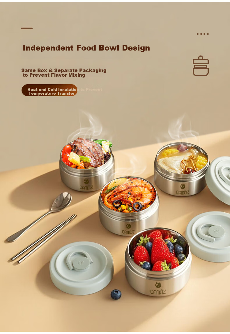 CAMUZ Insulated Lunch Box 316 Stainless Steel Microwaveable Thermal Container Large Capacity 4-Pack 12