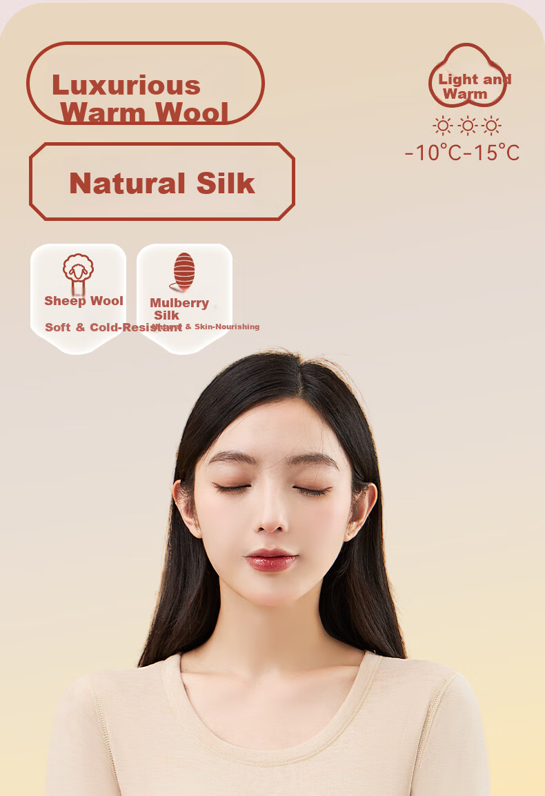 LangSha Women's Fleece Autumn Thermal Underwear Set 10A Antibacterial Wool Mulberry Silk Heat-Generating Base Layer Anti-Static Warm Innerwear 2