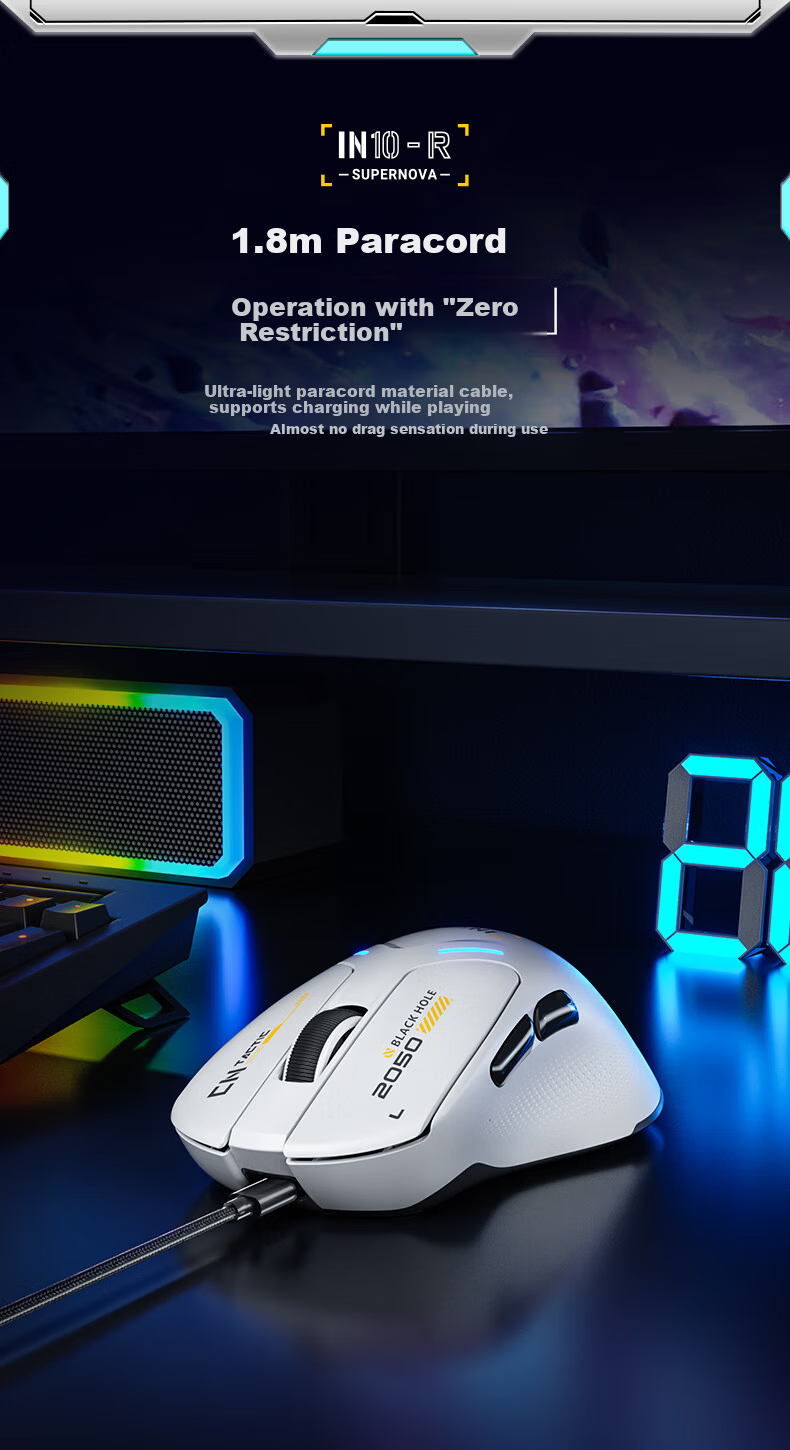 INPHIC IN10R Wireless Gaming Mouse Wired Bluetooth Tri-Mode PAW3395 Lightweight Right-Hand Ergonomic Claw Grip 26,000 DPI 8K Report Rate Starry White 8