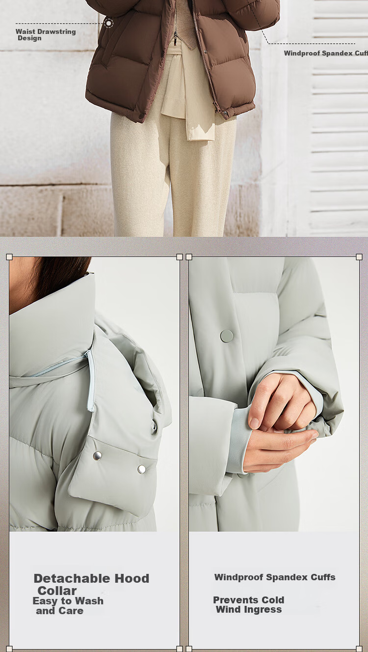 Bosideng Women's Winter Down Jacket Slim Fit Short Casual Thickened Removable Hood Stand Collar Versatile Coat 15