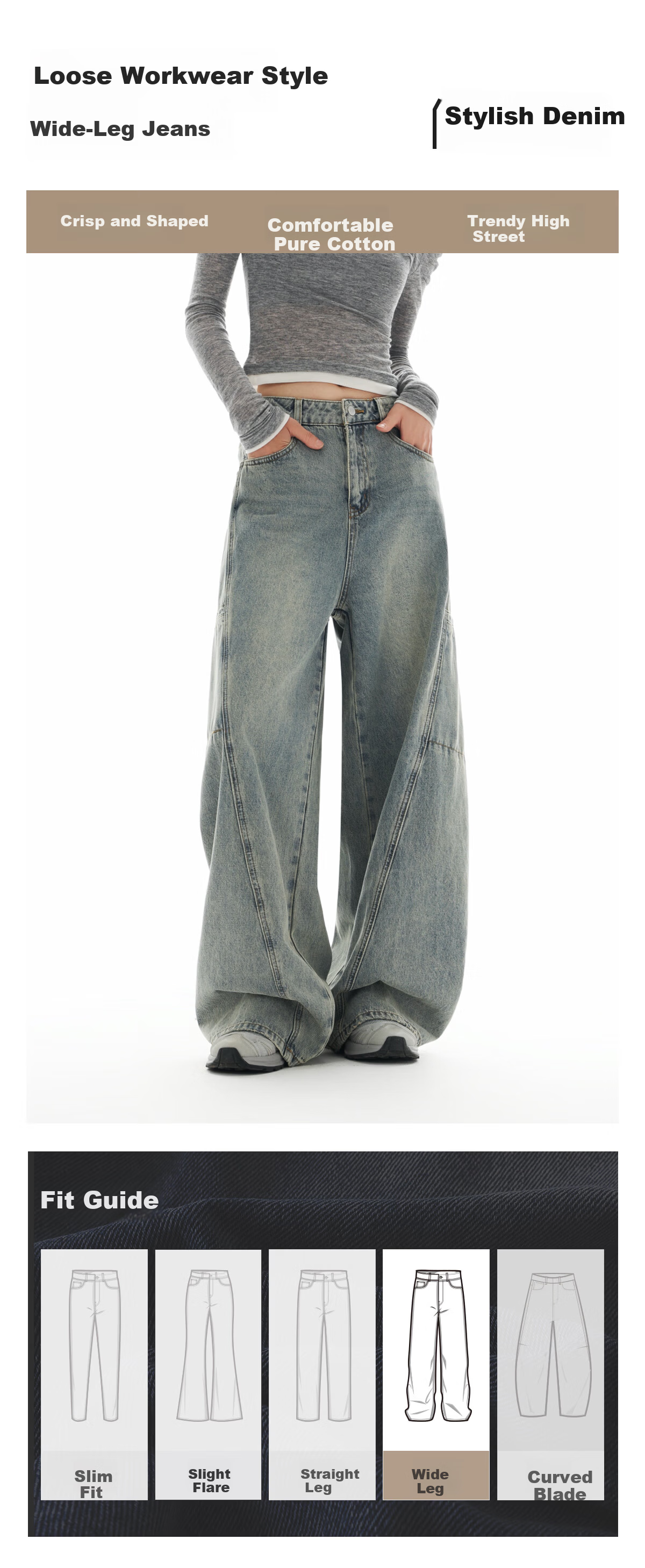 Meters Bonwe Women's Autumn New High-Waist Loose Straight-Leg Comfortable Versatile Cargo Slimming Denim Wide-Leg Pants 1